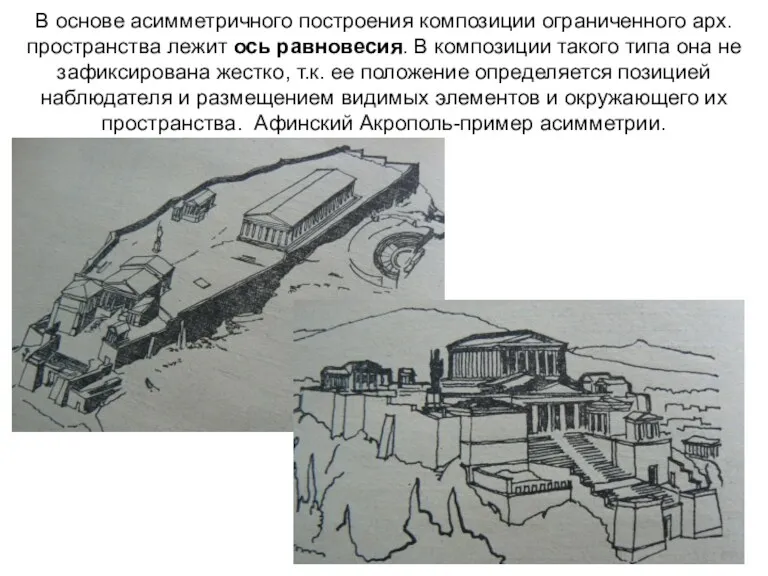 В основе асимметричного построения композиции ограниченного арх. пространства лежит ось равновесия. В композиции