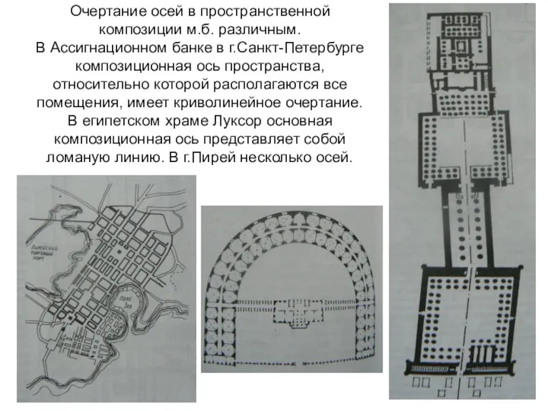 Очертание осей в пространственной композиции м.б. различным. В Ассигнационном банке в г.Санкт-Петербурге композиционная