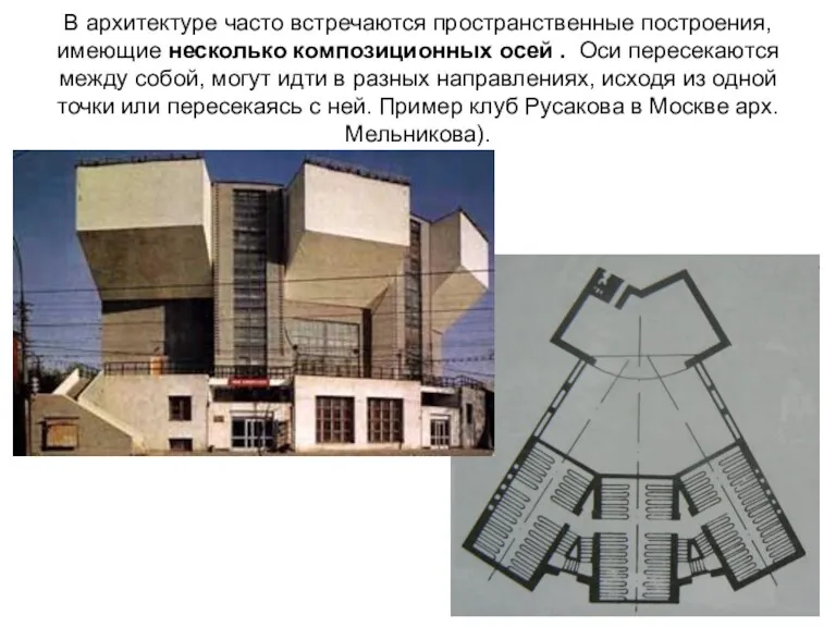 В архитектуре часто встречаются пространственные построения, имеющие несколько композиционных осей . Оси пересекаются