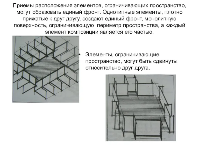Приемы расположения элементов, ограничивающих пространство, могут образовать единый фронт. Однотипные элементы, плотно прижатые