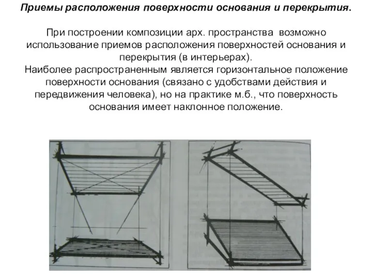 Приемы расположения поверхности основания и перекрытия. При построении композиции арх. пространства возможно использование