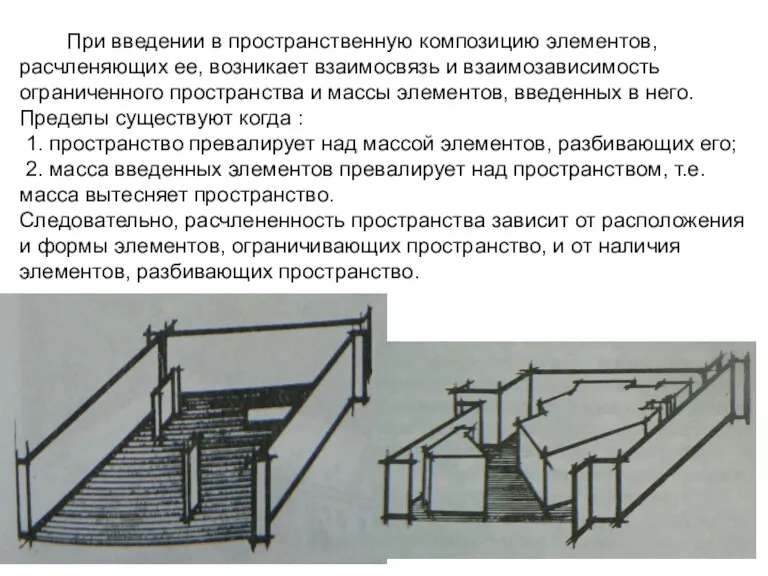 При введении в пространственную композицию элементов, расчленяющих ее, возникает взаимосвязь и взаимозависимость ограниченного