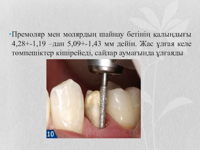 Премоляр мен молярдың шайнау бетінің қалыңдығы 4,28+-1,19 –дан 5,09+-1,43 мм