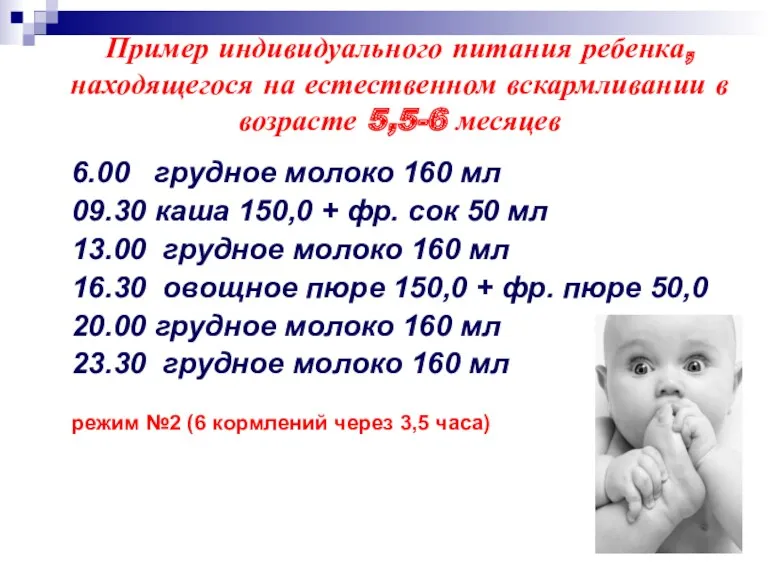 Пример индивидуального питания ребенка, находящегося на естественном вскармливании в возрасте 5,5-6 месяцев 6.00