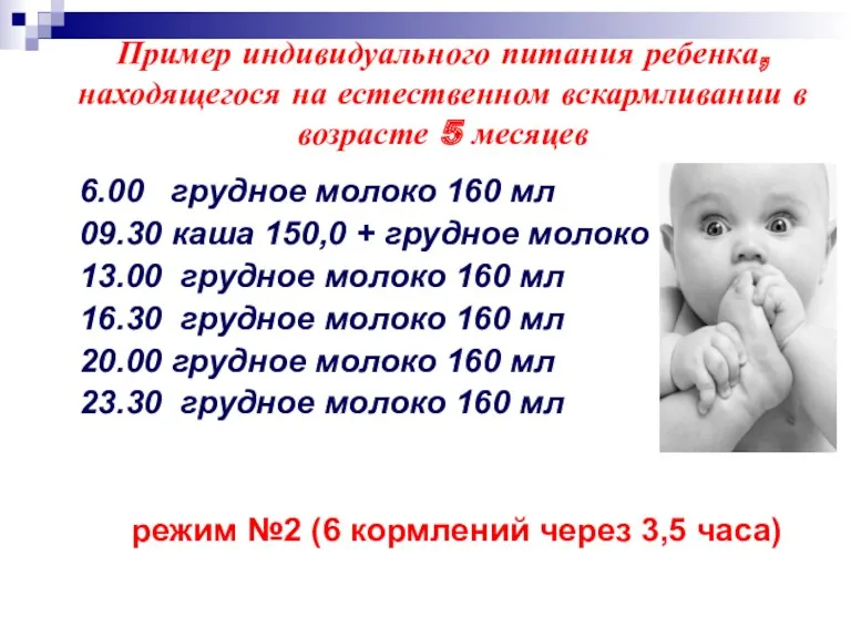 Пример индивидуального питания ребенка, находящегося на естественном вскармливании в возрасте 5 месяцев 6.00