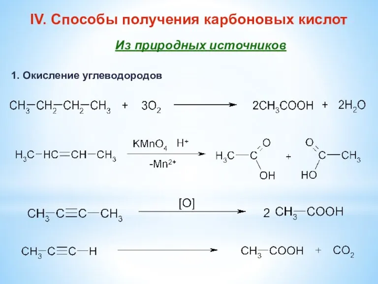 IV. Способы получения карбоновых кислот Из природных источников 1. Окисление углеводородов