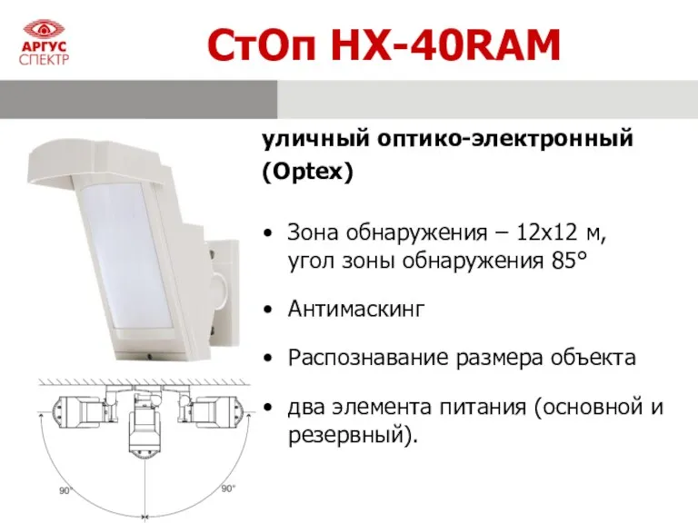 СтОп HX-40RAM Зона обнаружения – 12х12 м, угол зоны обнаружения