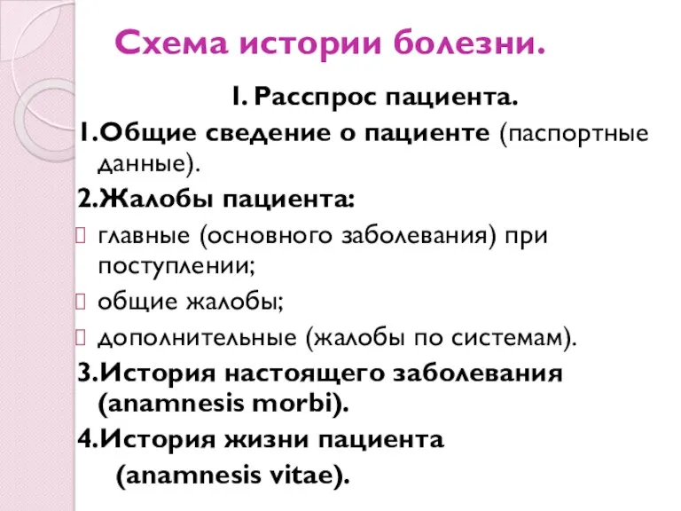 Схема истории болезни. I. Расспрос пациента. 1.Общие сведение о пациенте