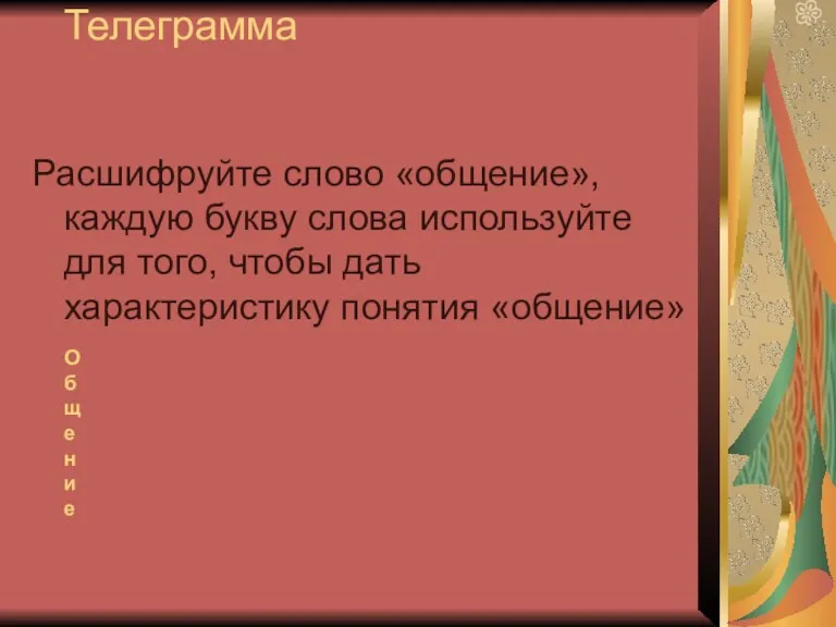 Телеграмма Расшифруйте слово «общение», каждую букву слова используйте для того,