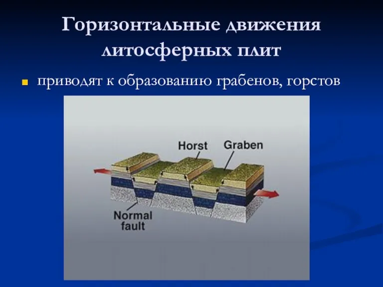 Горизонтальные движения литосферных плит приводят к образованию грабенов, горстов