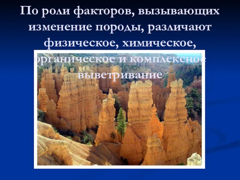 По роли факторов, вызывающих изменение породы, различают физическое, химическое, органическое и комплексное выветривание