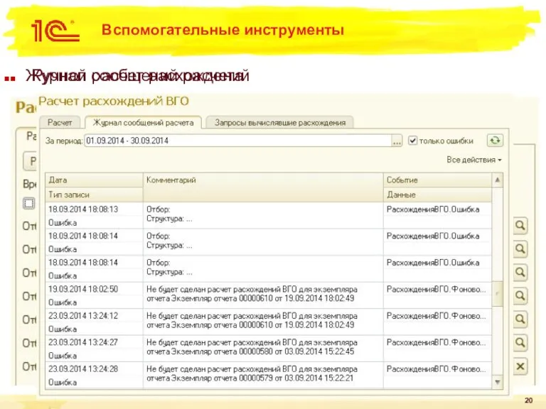 Вспомогательные инструменты Ручной расчет расхождений Журнал сообщений расчета
