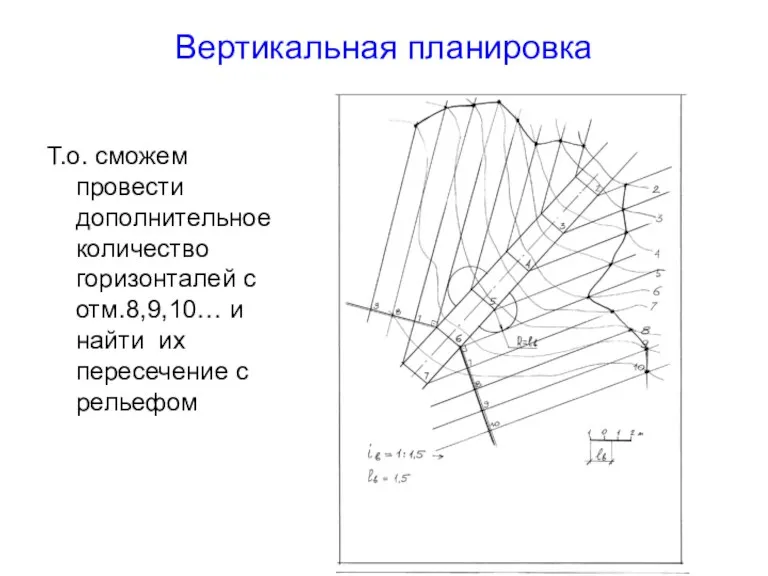 Вертикальная планировка Т.о. сможем провести дополнительное количество горизонталей с отм.8,9,10… и найти их пересечение с рельефом