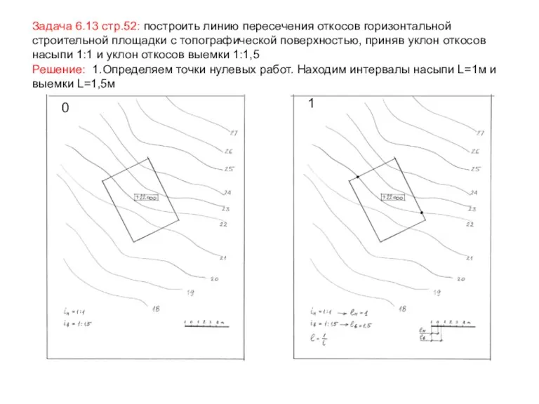 Задача 6.13 стр.52: построить линию пересечения откосов горизонтальной строительной площадки