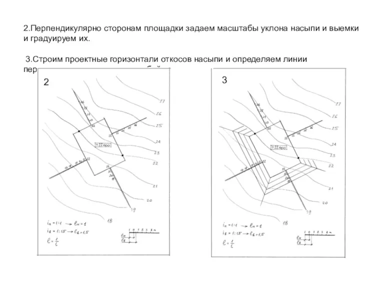 2.Перпендикулярно сторонам площадки задаем масштабы уклона насыпи и выемки и