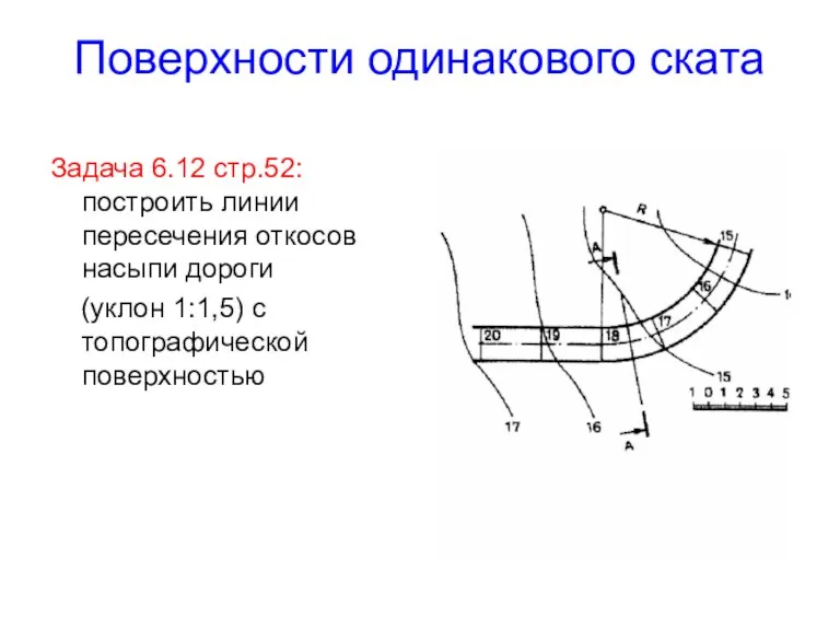 Поверхности одинакового ската Задача 6.12 стр.52: построить линии пересечения откосов