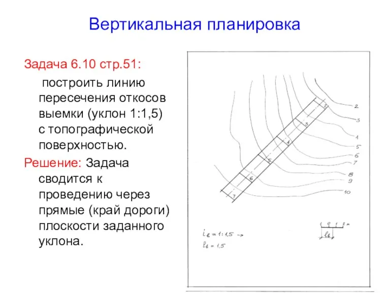 Вертикальная планировка Задача 6.10 стр.51: построить линию пересечения откосов выемки