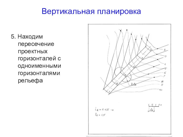 Вертикальная планировка 5. Находим пересечение проектных горизонталей с одноименными горизонталями рельефа