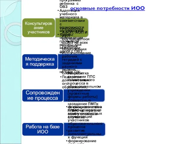 основные потребности ИОО Консультирование участников Разработка адаптированной образовательной программы ребенка