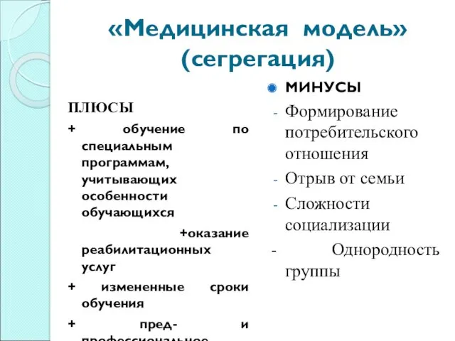 «Медицинская модель» (сегрегация) ПЛЮСЫ + обучение по специальным программам, учитывающих