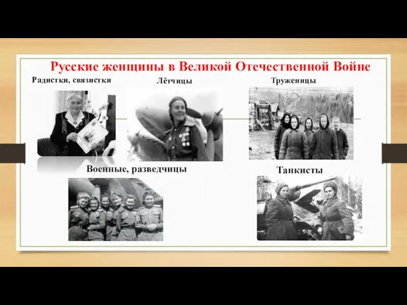 Русские женщины в Великой Отечественной Войне Радистки, связистки Лётчицы Военные, разведчицы Танкисты Труженицы