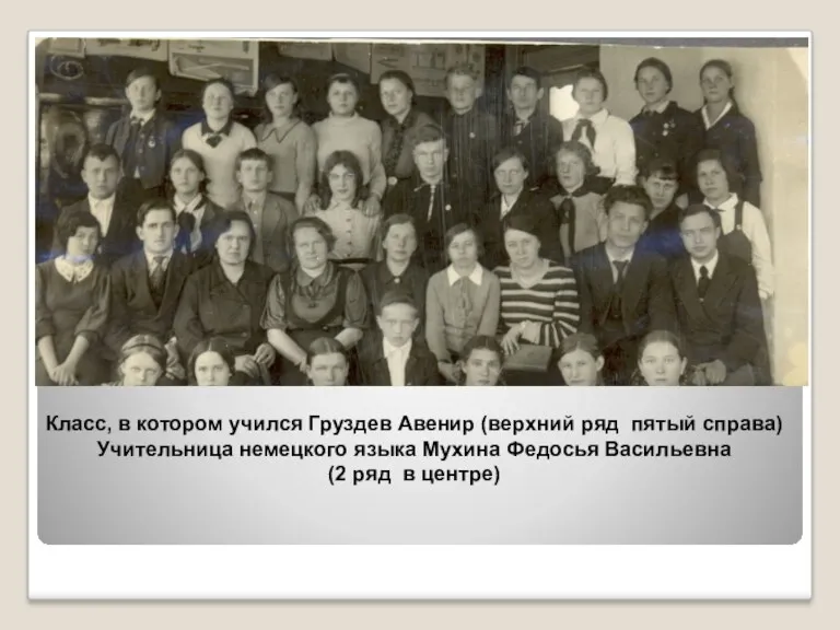 Класс, в котором учился Груздев Авенир (верхний ряд пятый справа) Учительница немецкого языка