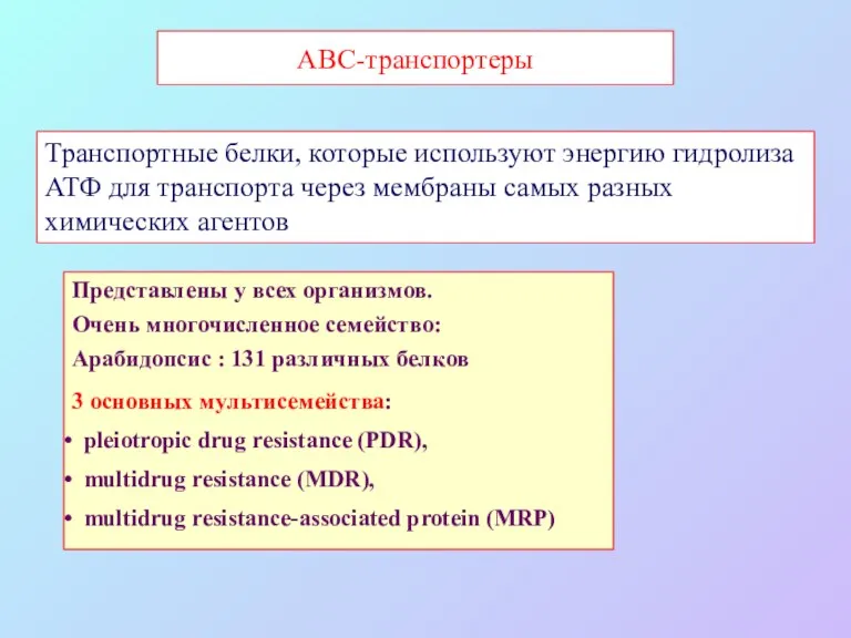 ABC-транспортеры Транспортные белки, которые используют энергию гидролиза АТФ для транспорта через мембраны самых