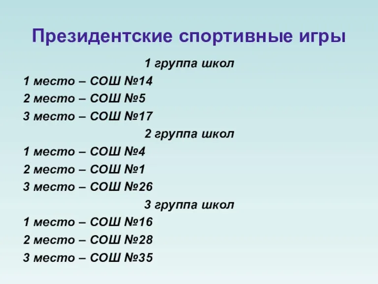 Президентские спортивные игры 1 группа школ 1 место – СОШ