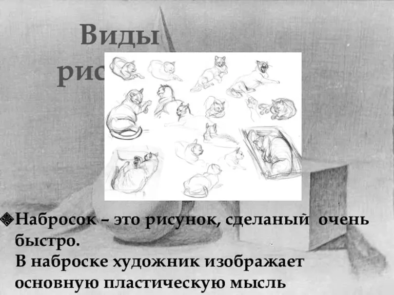 Виды рисунка: Набросок – это рисунок, сделаный очень быстро. В наброске художник изображает основную пластическую мысль