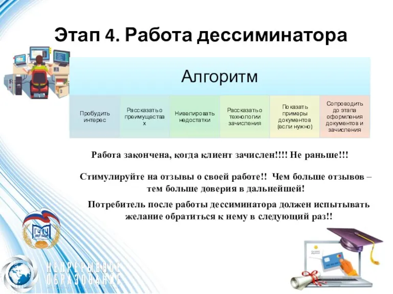 Этап 4. Работа дессиминатора Работа закончена, когда клиент зачислен!!!! Не