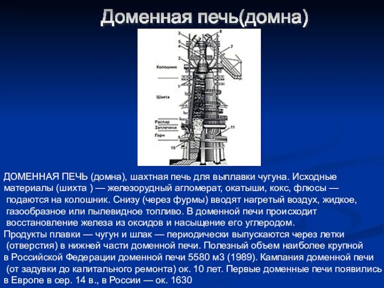 ДОМЕННАЯ ПЕЧЬ (домна), шахтная печь для выплавки чугуна. Исходные материалы