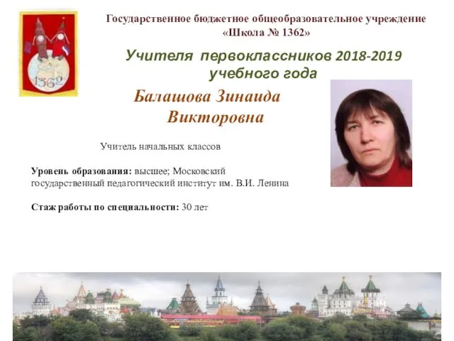 Балашова Зинаида Викторовна Государственное бюджетное общеобразовательное учреждение «Школа № 1362»