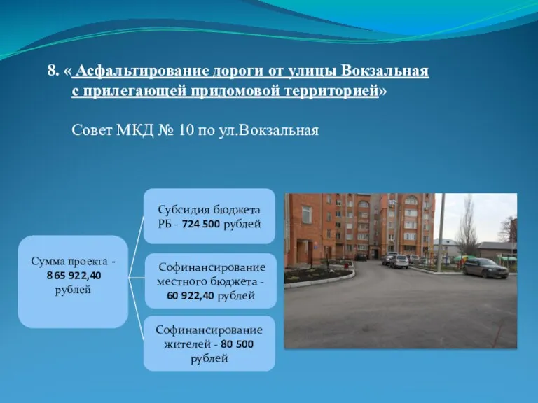 8. « Асфальтирование дороги от улицы Вокзальная с прилегающей придомовой