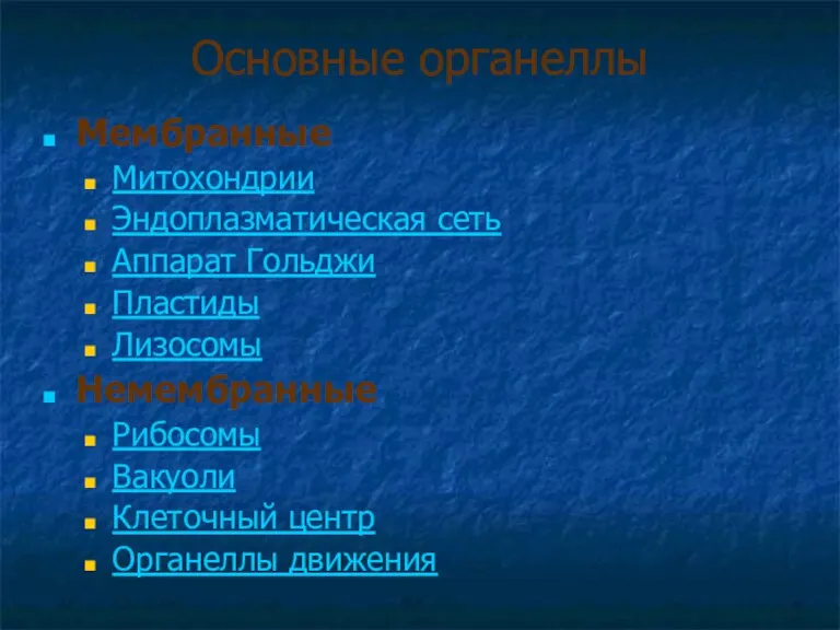 Основные органеллы Мембранные Митохондрии Эндоплазматическая сеть Аппарат Гольджи Пластиды Лизосомы