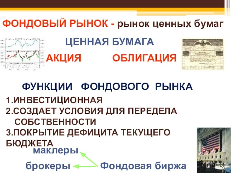 ФОНДОВЫЙ РЫНОК - рынок ценных бумаг ФУНКЦИИ ФОНДОВОГО РЫНКА 1.ИНВЕСТИЦИОННАЯ