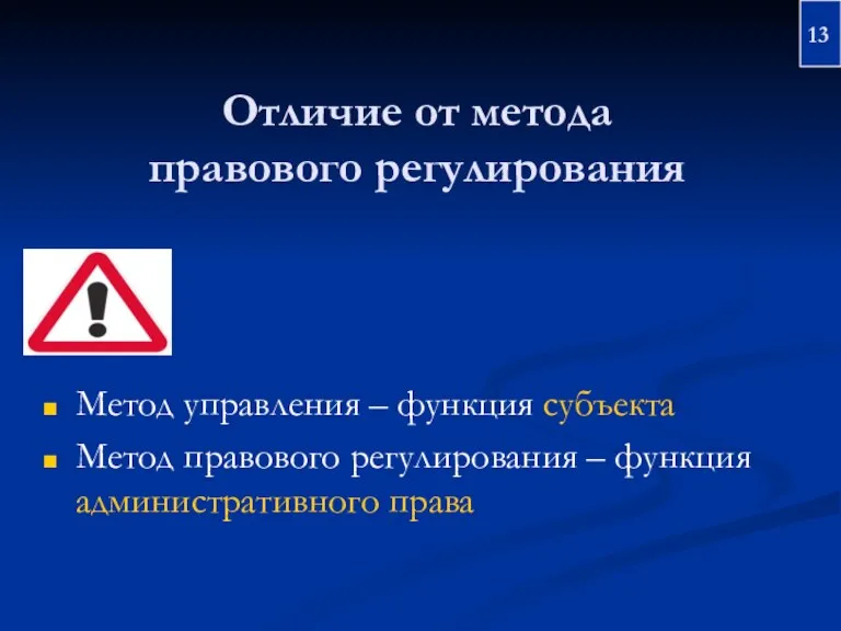 Отличие от метода правового регулирования Метод управления – функция субъекта