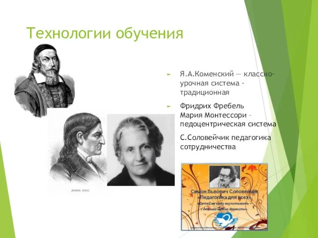 Технологии обучения Я.А.Коменский — классно-урочная система - традиционная Фридрих Фребель Мария Монтессори –