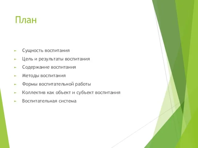 План Сущность воспитания Цель и результаты воспитания Содержание воспитания Методы