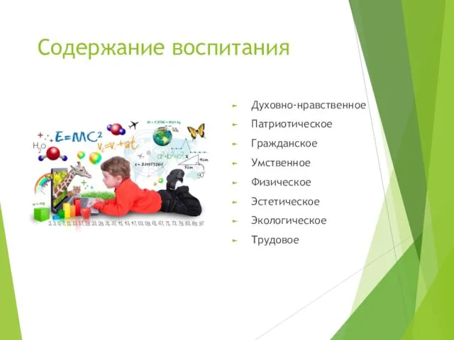 Содержание воспитания Духовно-нравственное Патриотическое Гражданское Умственное Физическое Эстетическое Экологическое Трудовое