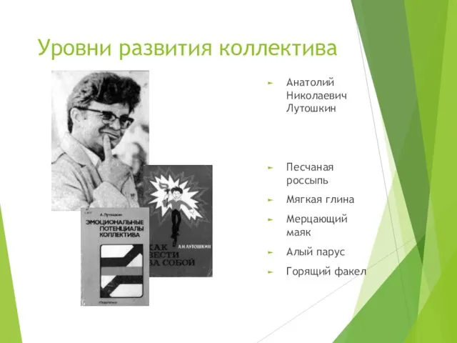 Уровни развития коллектива Анатолий Николаевич Лутошкин Песчаная россыпь Мягкая глина Мерцающий маяк Алый парус Горящий факел