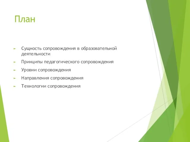 План Сущность сопровождения в образовательной деятельности Принципы педагогического сопровождения Уровни сопровождения Направления сопровождения Технологии сопровождения