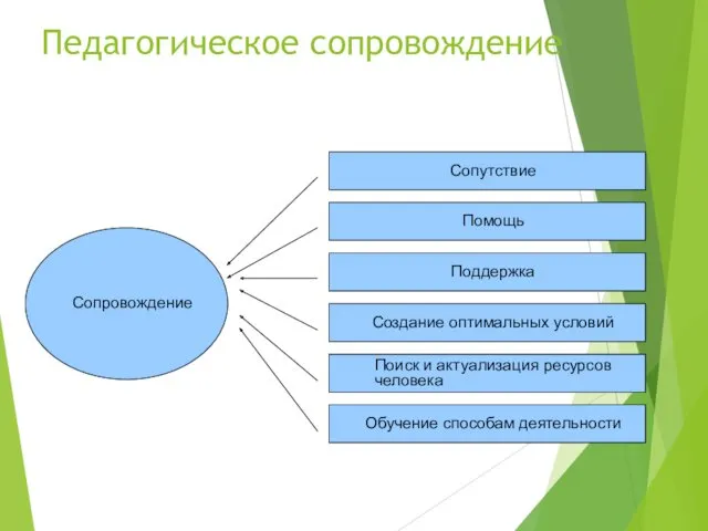 Педагогическое сопровождение Сопутствие Помощь Поддержка Создание оптимальных условий Поиск и