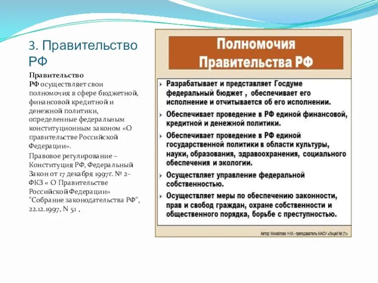 3. Правительство РФ Правительство РФ осуществляет свои полномочия в сфере