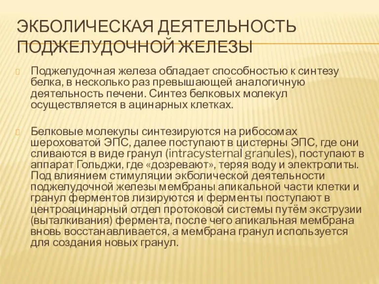 ЭКБОЛИЧЕСКАЯ ДЕЯТЕЛЬНОСТЬ ПОДЖЕЛУДОЧНОЙ ЖЕЛЕЗЫ Поджелудочная железа обладает способностью к синтезу