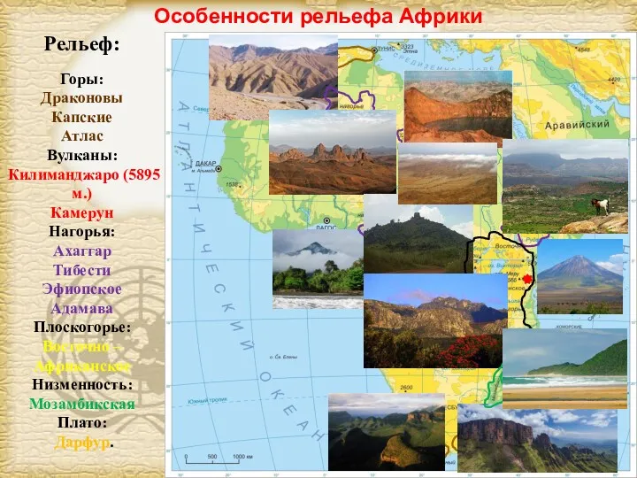 Особенности рельефа Африки Рельеф: Горы: Драконовы Капские Атлас Вулканы: Килиманджаро