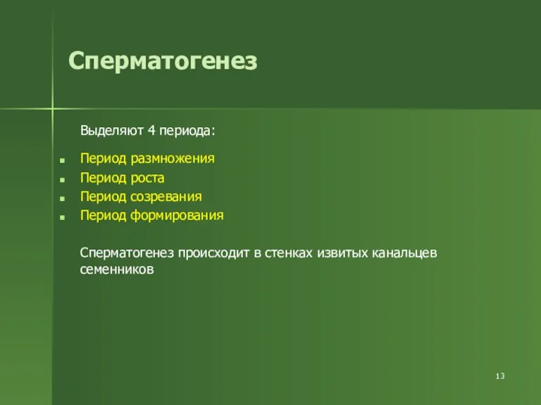 Сперматогенез Выделяют 4 периода: Период размножения Период роста Период созревания