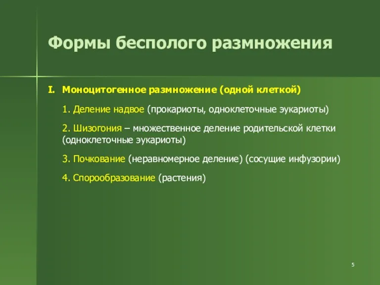 Формы бесполого размножения I. Моноцитогенное размножение (одной клеткой) 1. Деление