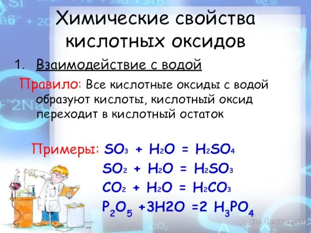 Химические свойства кислотных оксидов Взаимодействие с водой Правило: Все кислотные