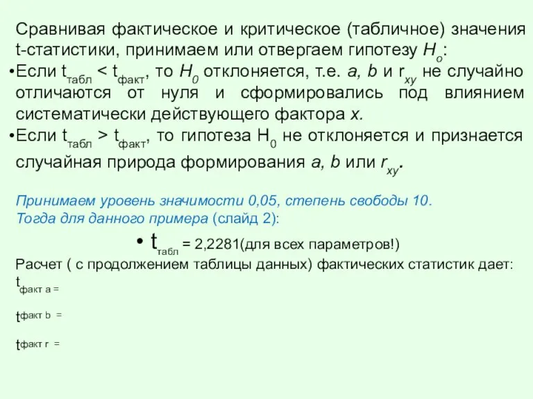 Сравнивая фактическое и критическое (табличное) значения t-статистики, принимаем или отвергаем