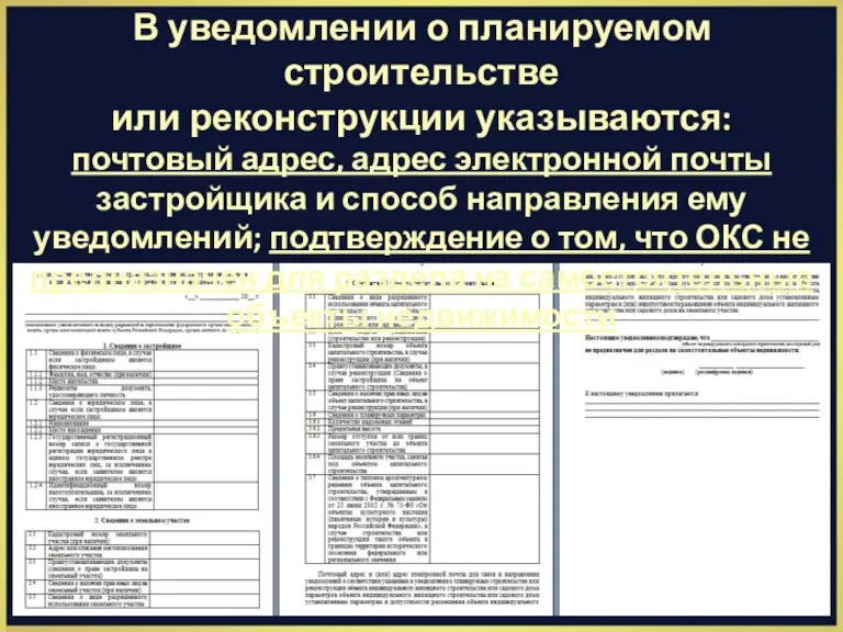 В уведомлении о планируемом строительстве или реконструкции указываются: почтовый адрес,